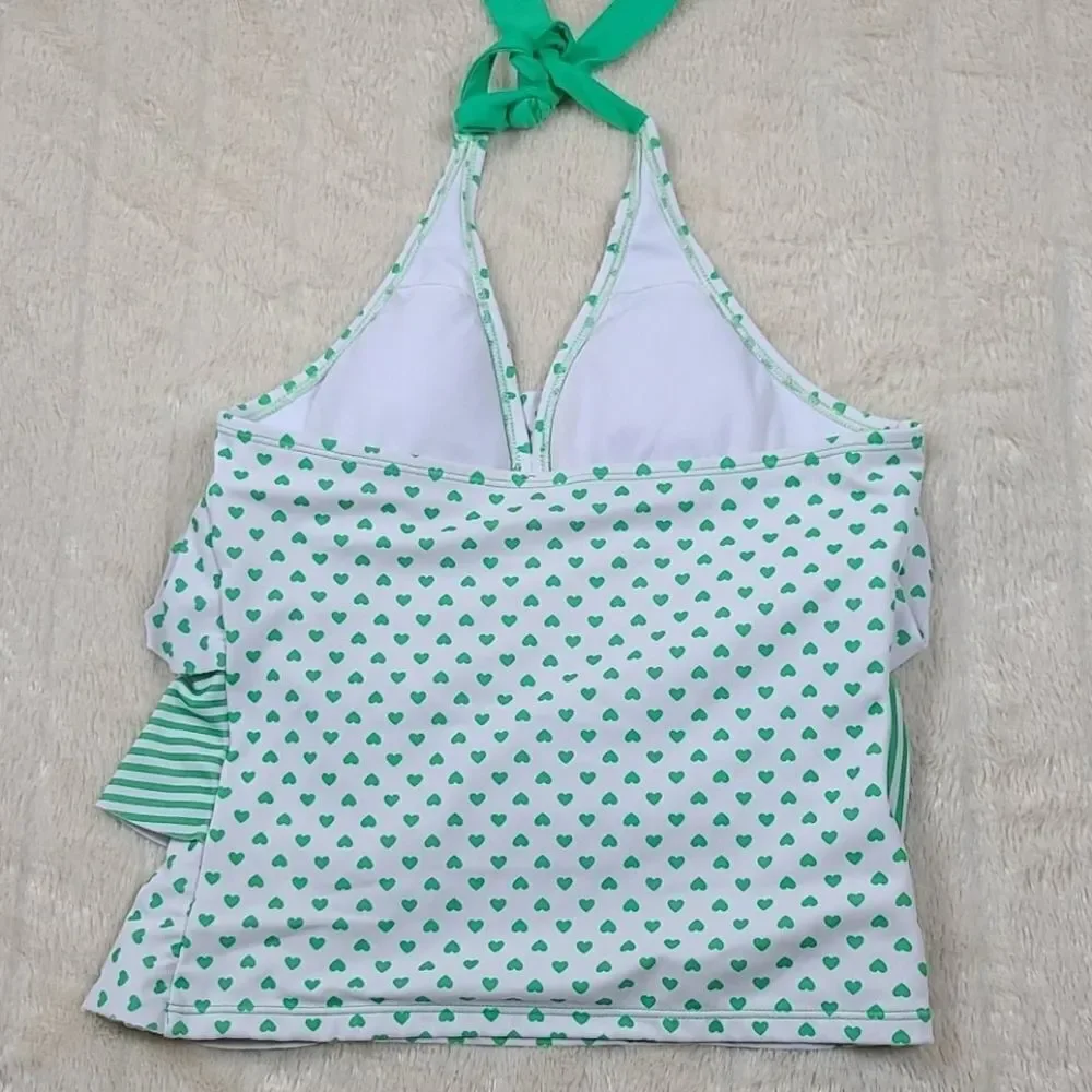 Justice Girls Tankini Top Green Hearts Stripes Ruffle Halter Swim 14 Swimsuit L